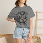 Grey Comfort Colors t-shirt featuring a lantern glowing on a switchback trail under the moon, Trail & Ember Co.
