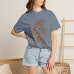 Close-up of the Autumn Big Foot print design on a Blue Jean Comfort Colors t-shirt