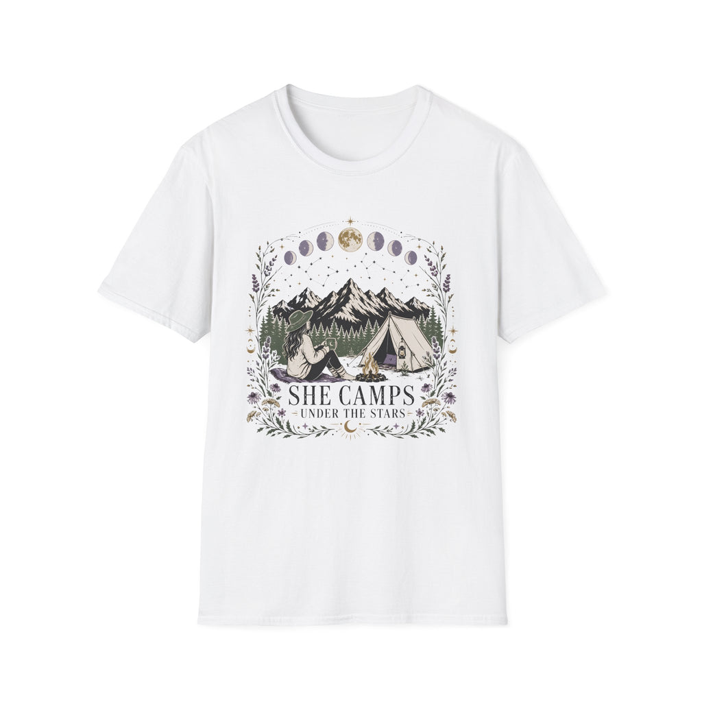 She Camps graphic on a unisex cotton tee — Trail & Ember Co. outdoor apparel