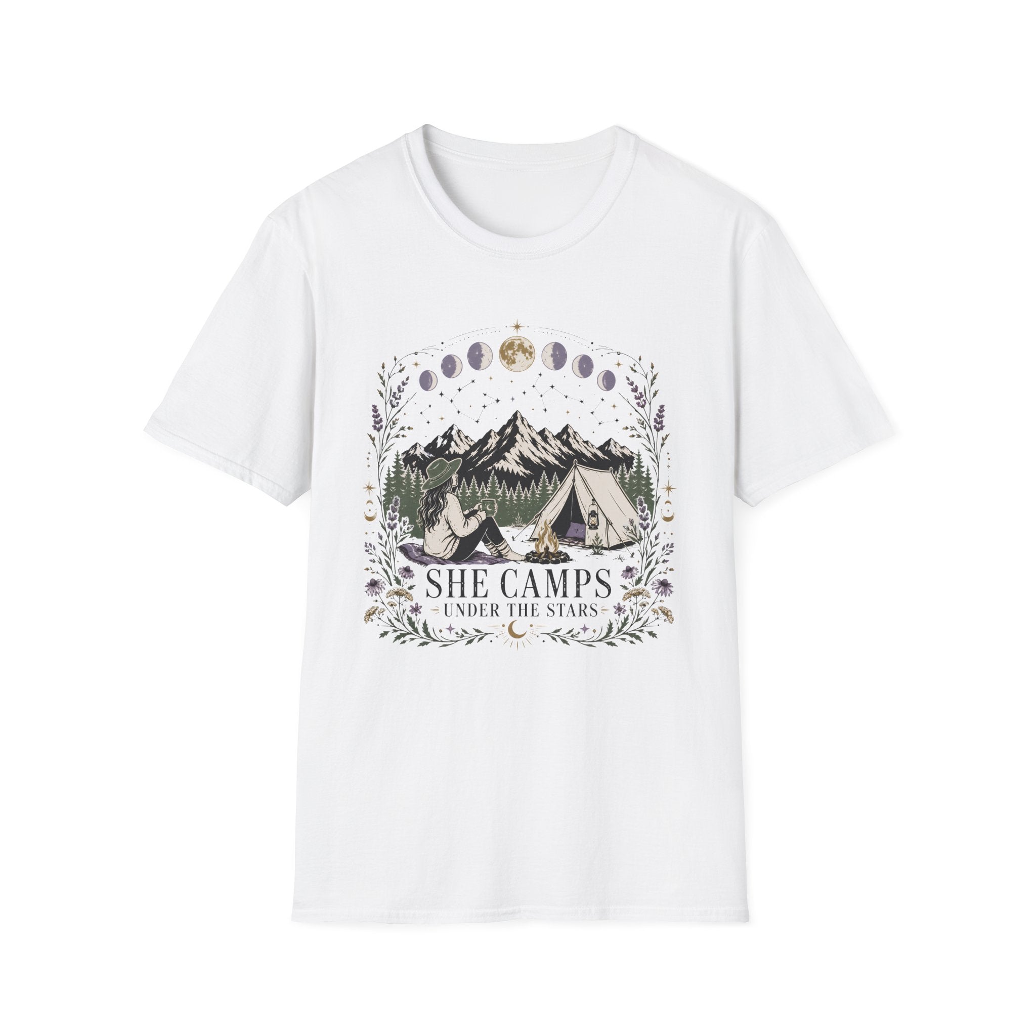 She Camps graphic on a unisex cotton tee — Trail & Ember Co. outdoor apparel