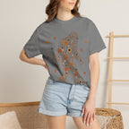Close-up of the Autumn Big Foot print design on a Granite Comfort Colors t-shirt