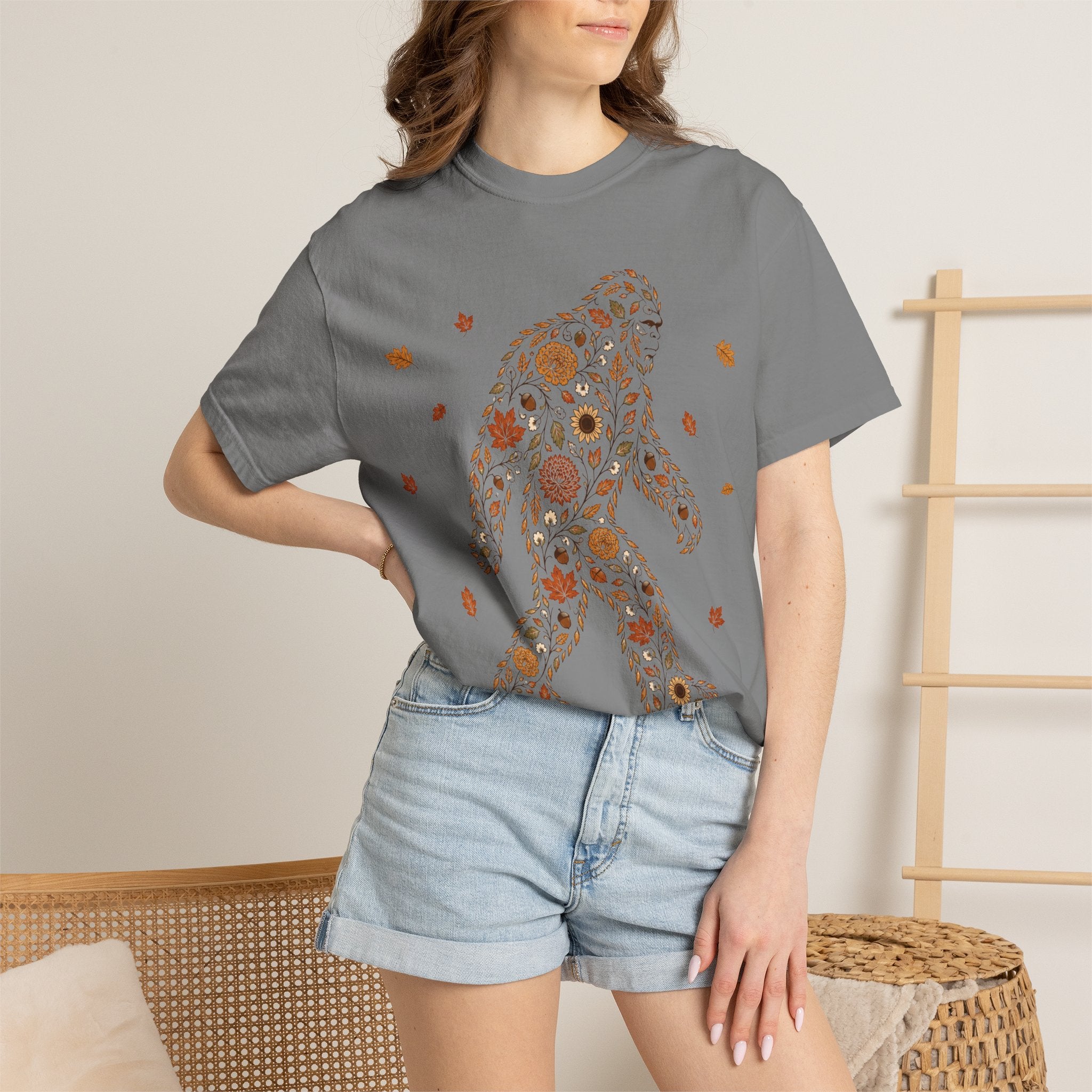 Close-up of the Autumn Big Foot print design on a Granite Comfort Colors t-shirt