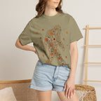 Close-up of the Autumn Big Foot print design on a Khaki Comfort Colors t-shirt