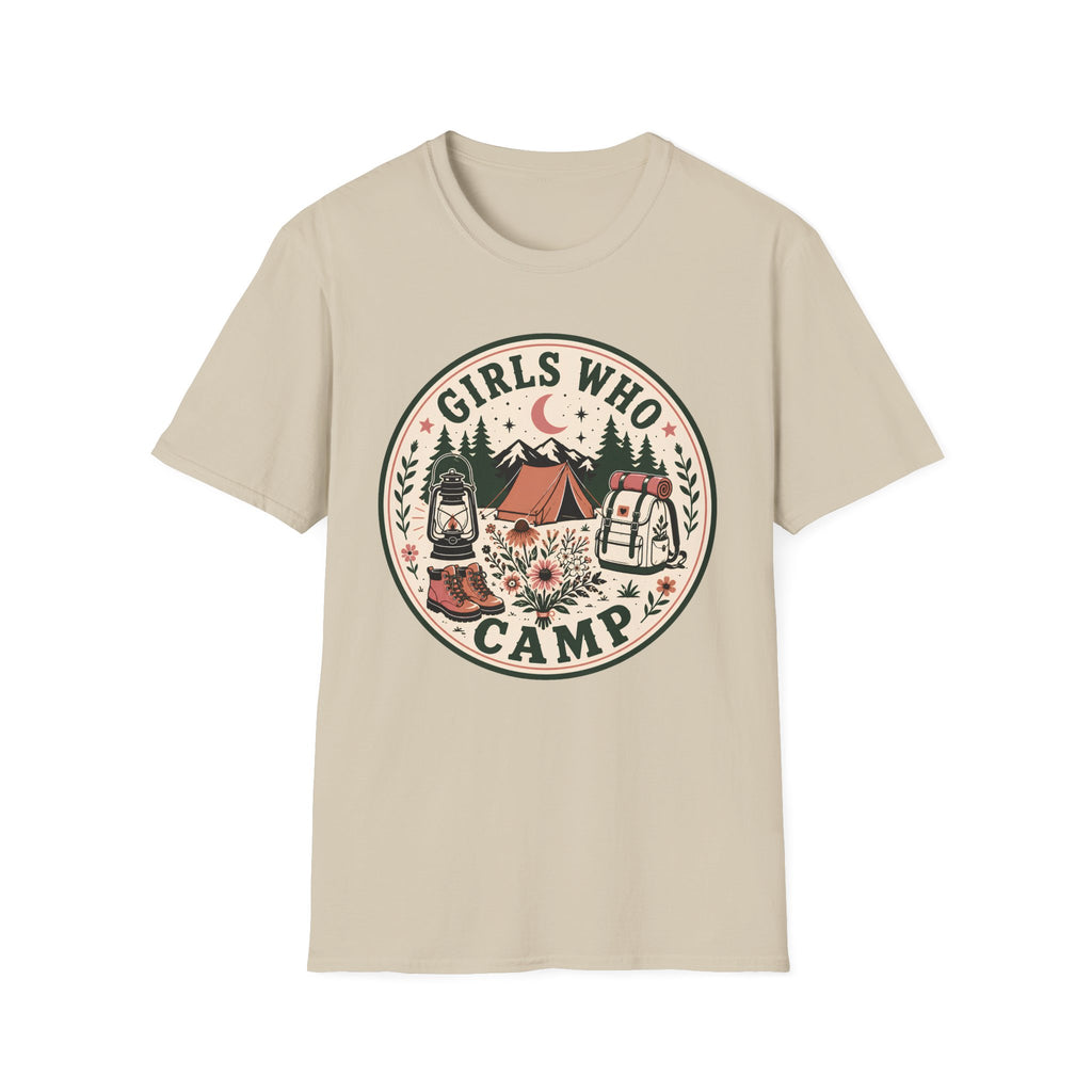 Girls Who Camp graphic on a unisex cotton tee — Trail & Ember Co. outdoor apparel