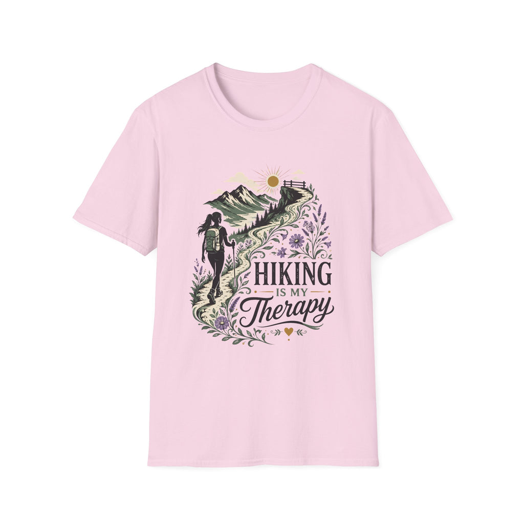 Hiking Is Therapy graphic on a unisex cotton tee — Trail & Ember Co. outdoor apparel