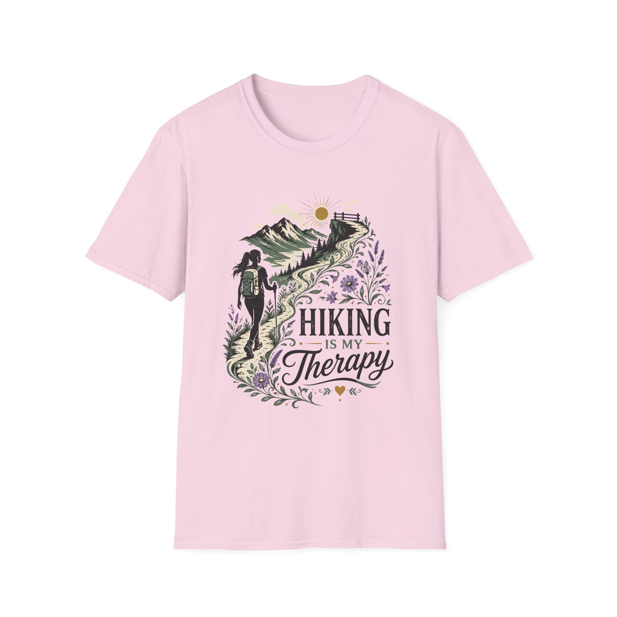 Hiking Is Therapy graphic on a unisex cotton tee — Trail & Ember Co. outdoor apparel