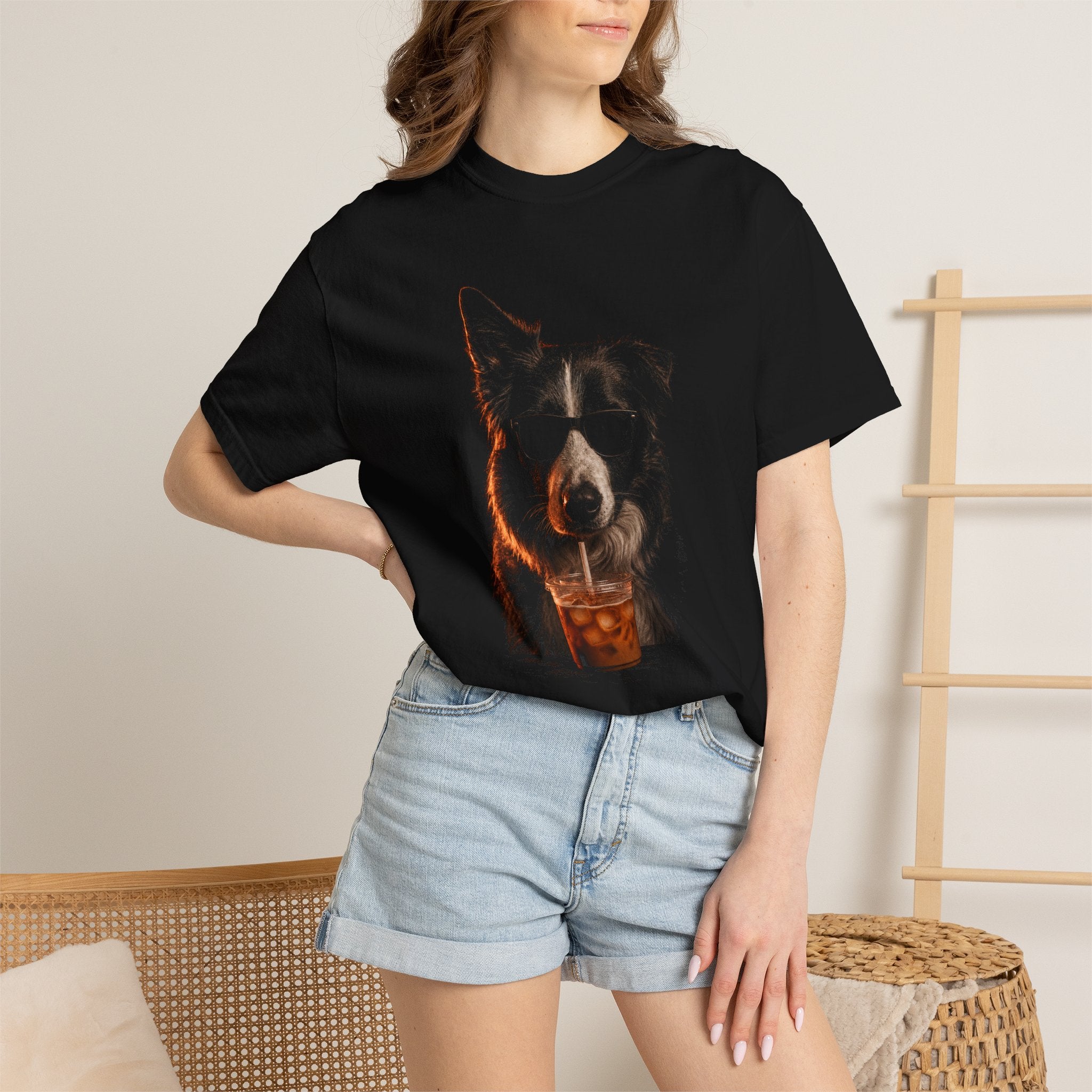 Border Collie in sunglasses drinking iced coffee, printed on a black Comfort Colors t-shirt