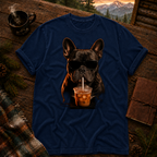 French bulldog in sunglasses drinking iced coffee, vintage firelit graphic on a black unisex t-shirt