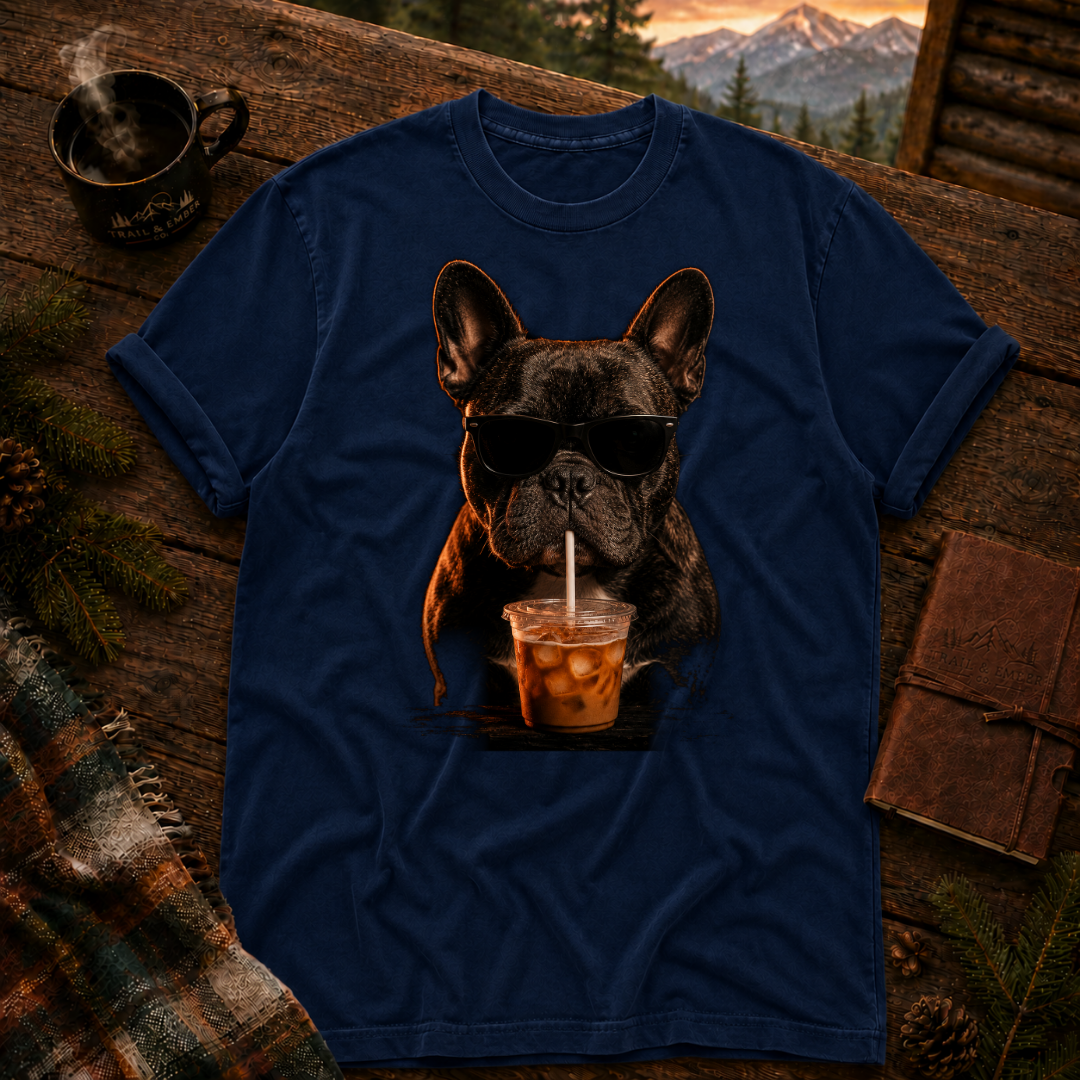 French bulldog in sunglasses drinking iced coffee, vintage firelit graphic on a black unisex t-shirt