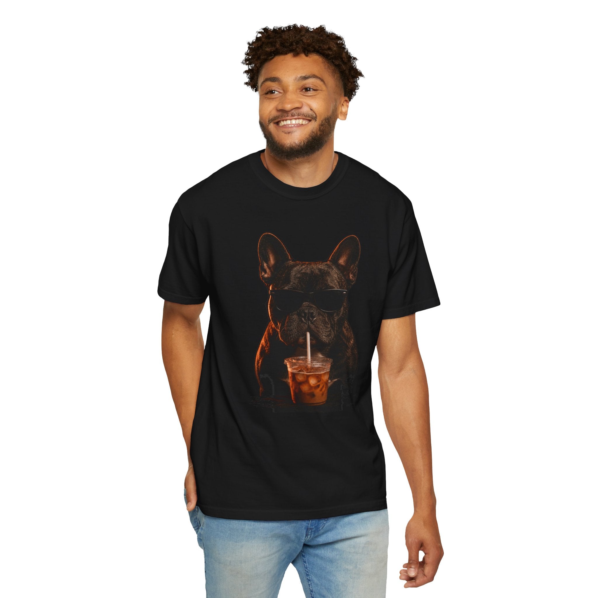 Detail of the French bulldog iced coffee print on black garment-dyed cotton