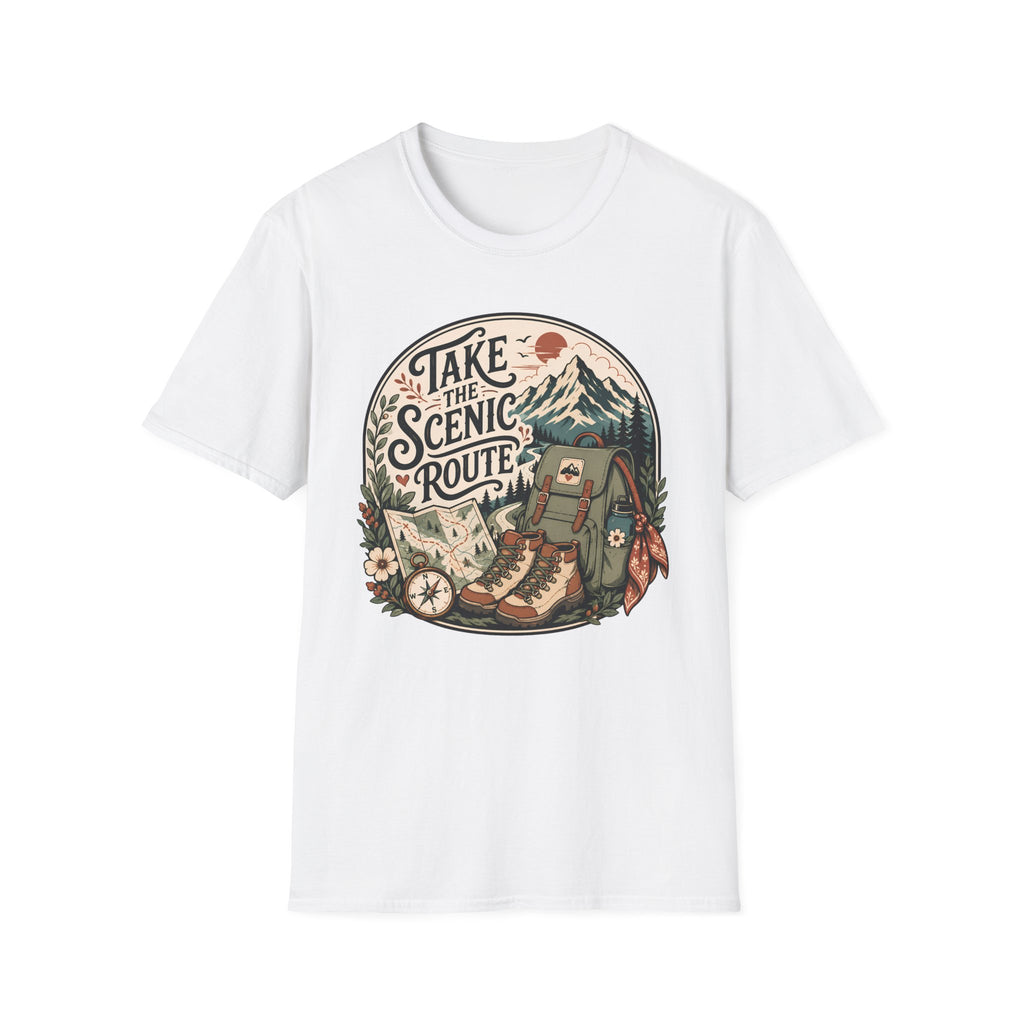 Scenic Route graphic on a unisex cotton tee — Trail & Ember Co. outdoor apparel
