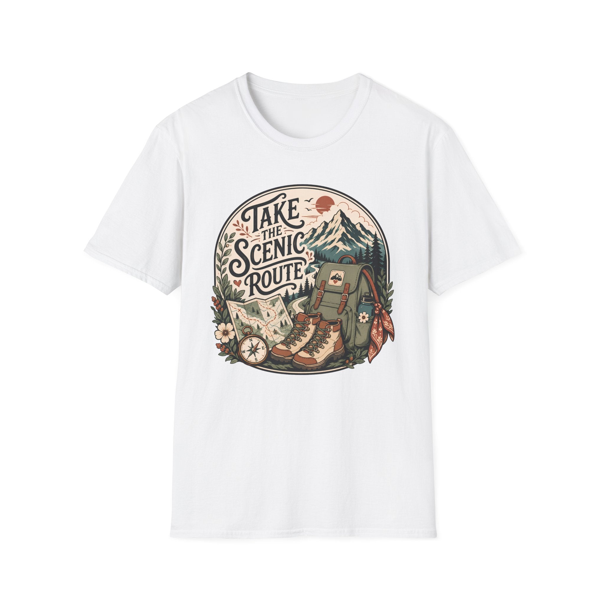 Scenic Route graphic on a unisex cotton tee — Trail & Ember Co. outdoor apparel
