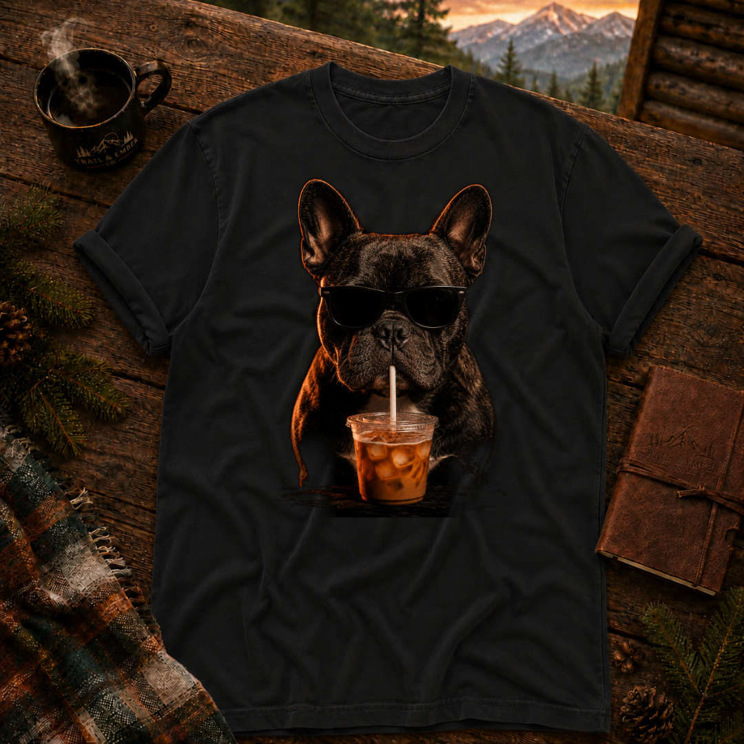 Black Comfort Colors t-shirt with a firelit French bulldog in sunglasses sipping iced coffee, styled on a wood table with a camp mug and pine branches
