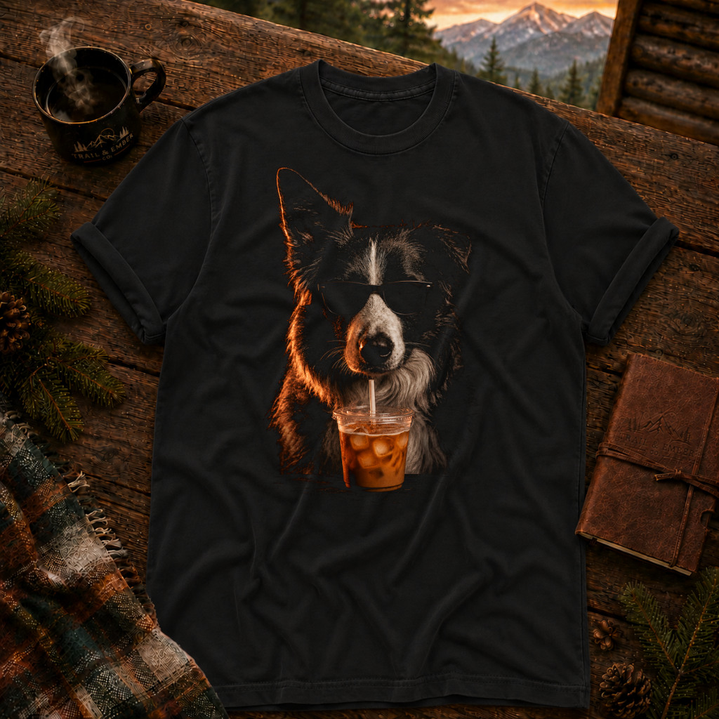 Black Comfort Colors t-shirt with a firelit Border Collie in sunglasses drinking iced coffee, styled on a wood table with a camp mug and pine branches