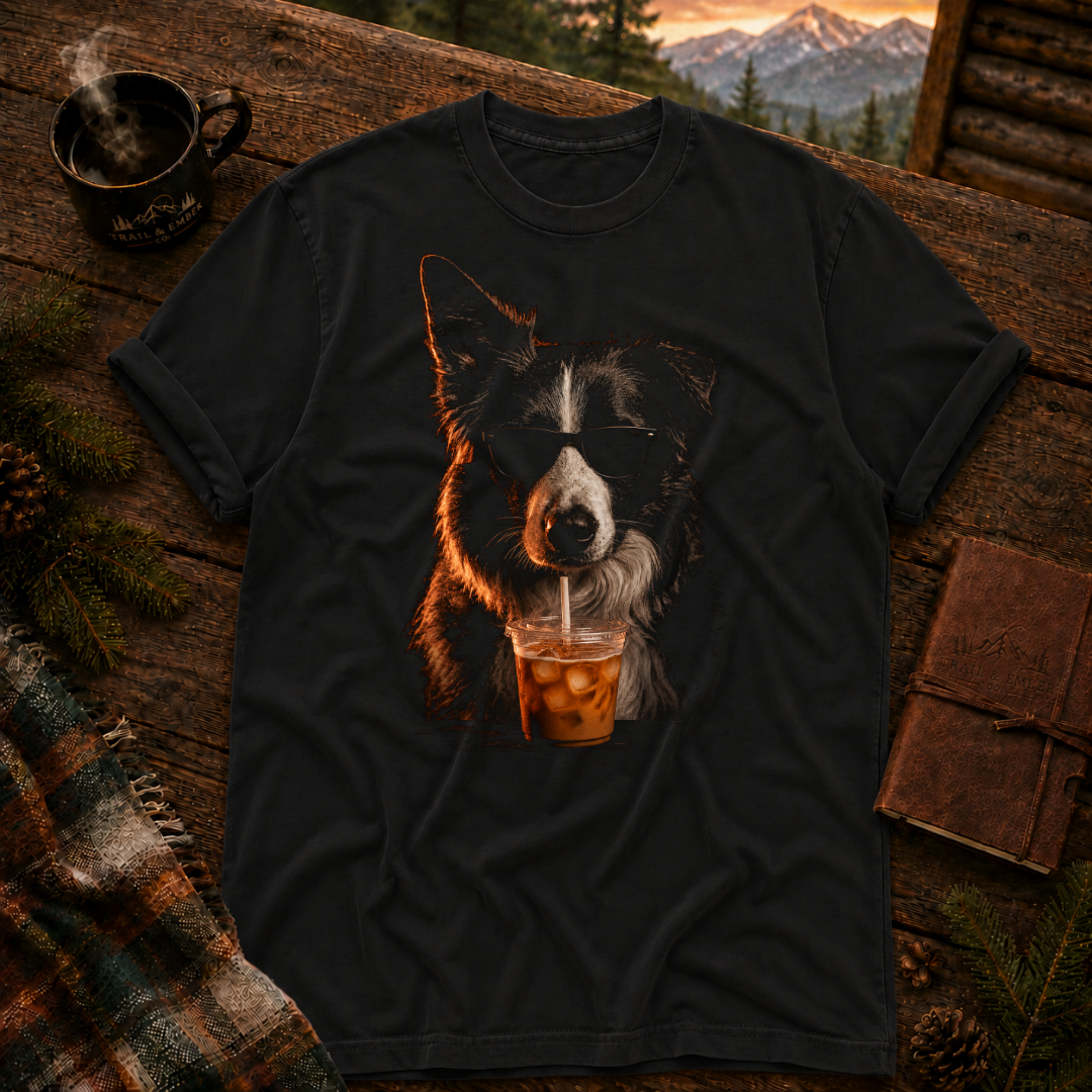 Black Comfort Colors t-shirt with a firelit Border Collie in sunglasses drinking iced coffee, styled on a wood table with a camp mug and pine branches