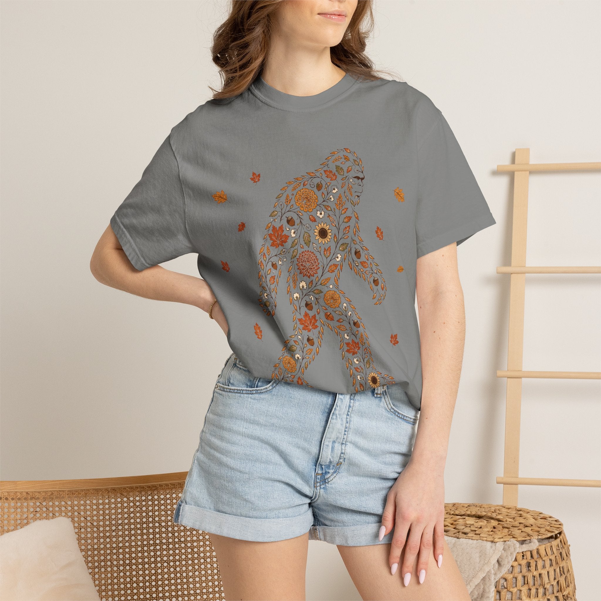 Close-up of the Autumn Big Foot print design on a Grey Comfort Colors t-shirt