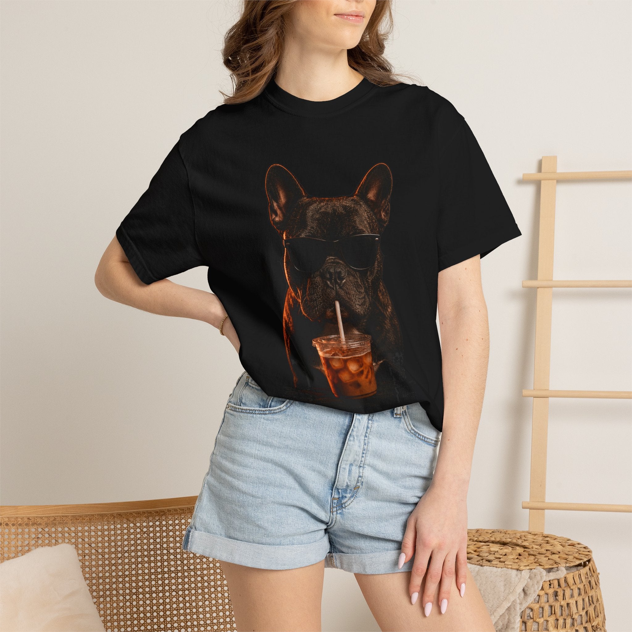Black Comfort Colors t-shirt with the French bulldog iced coffee graphic, garment-dyed cotton