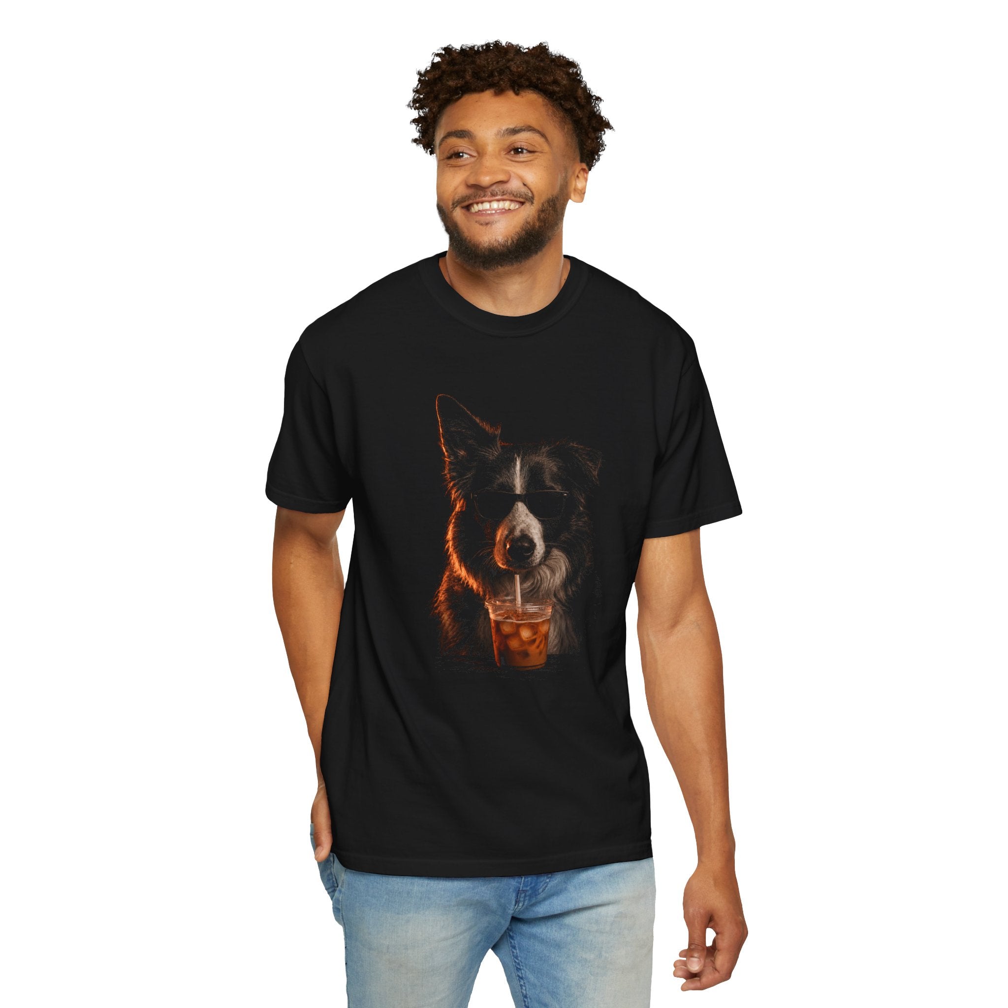 Border Collie coffee tee in black, unisex Comfort Colors 1717 fit