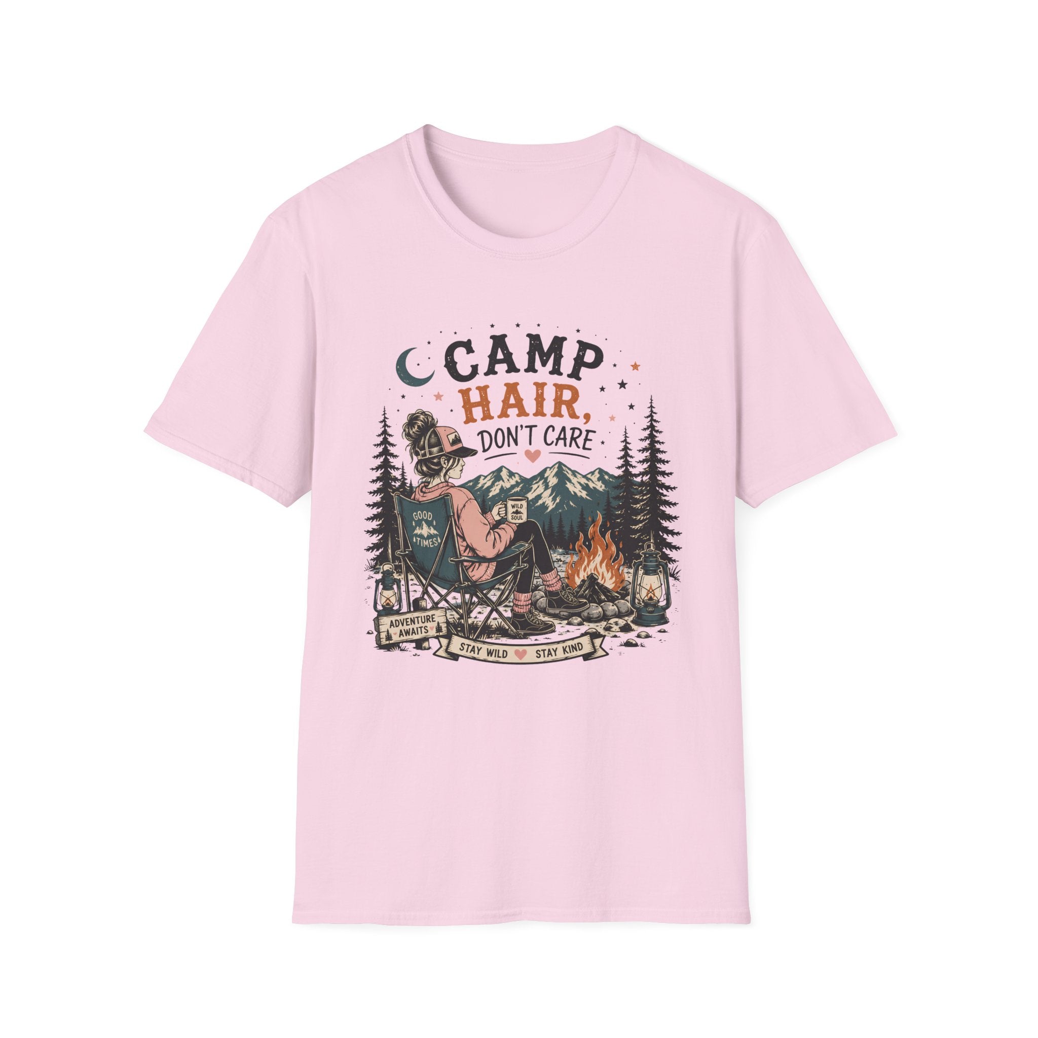 Camp Hair Don't Care graphic on a unisex cotton tee — Trail & Ember Co. outdoor apparel