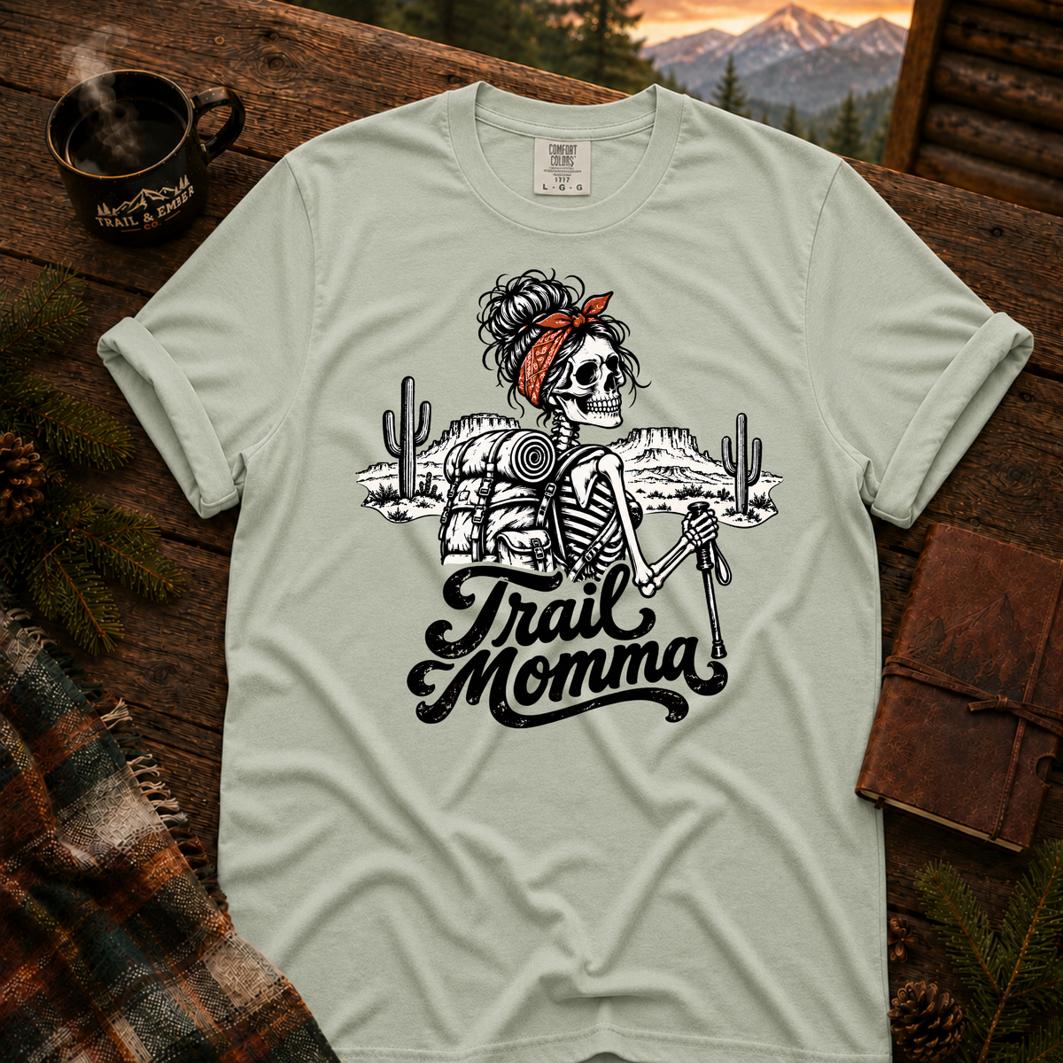 Trail Momma hiking t-shirt in Bay — garment-dyed Comfort Colors 1717, Trail & Ember Co.