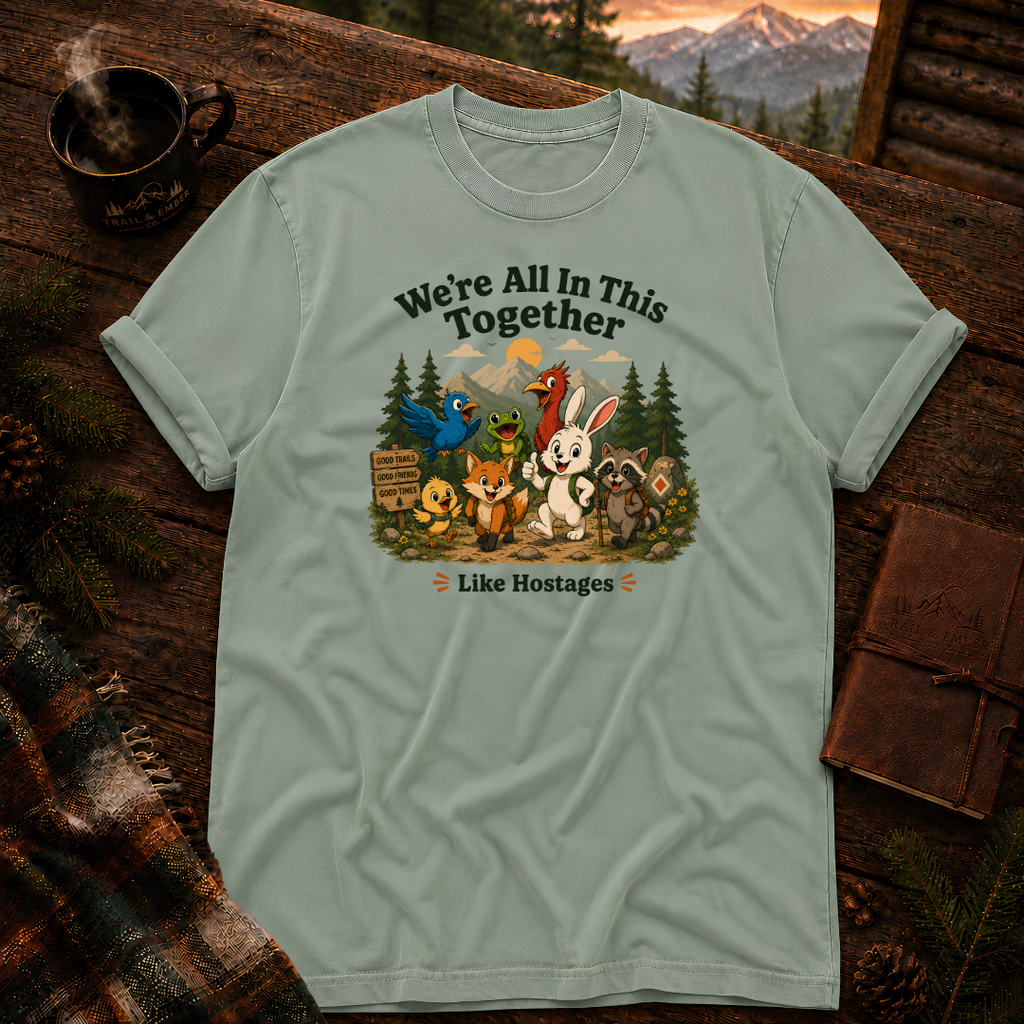 Bay sage-green Comfort Colors t-shirt with the We're All In This Together, Like Hostages woodland hiking crew design, garment-dyed cotton