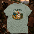 Bay sage-green Comfort Colors t-shirt with the We're All In This Together, Like Hostages woodland hiking crew design, garment-dyed cotton