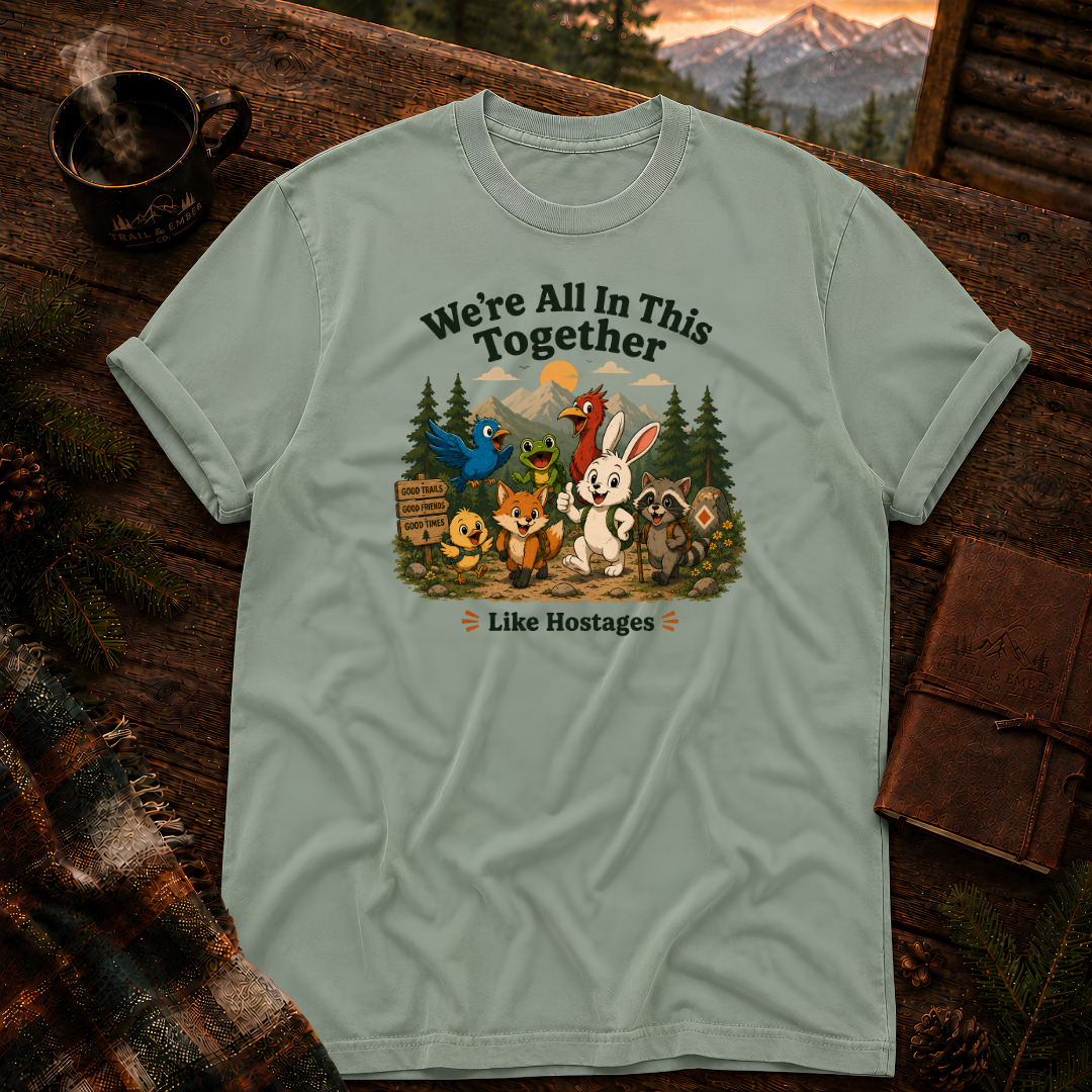 Bay sage-green Comfort Colors t-shirt with the We're All In This Together, Like Hostages woodland hiking crew design, garment-dyed cotton