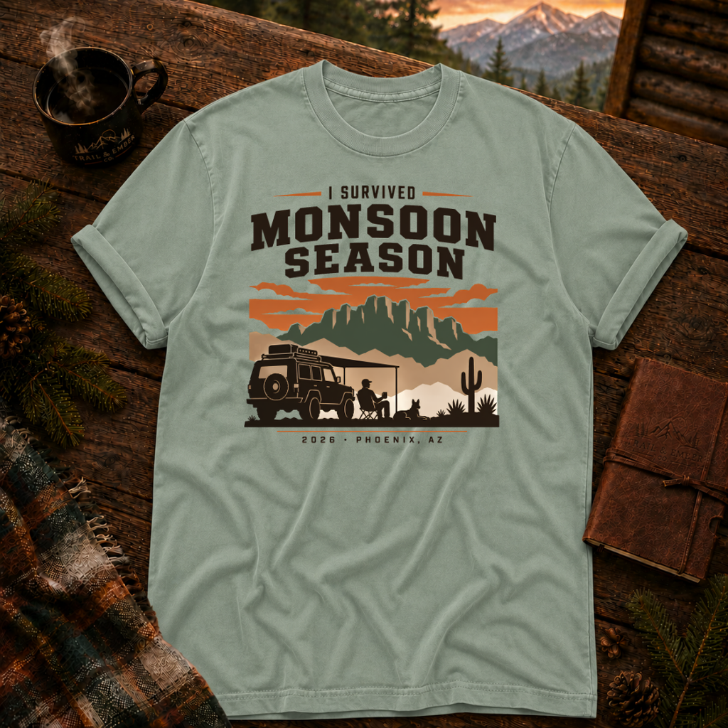 Bay Comfort Colors 1717 t-shirt with I Survived Monsoon 2026 design — Trail & Ember Co.