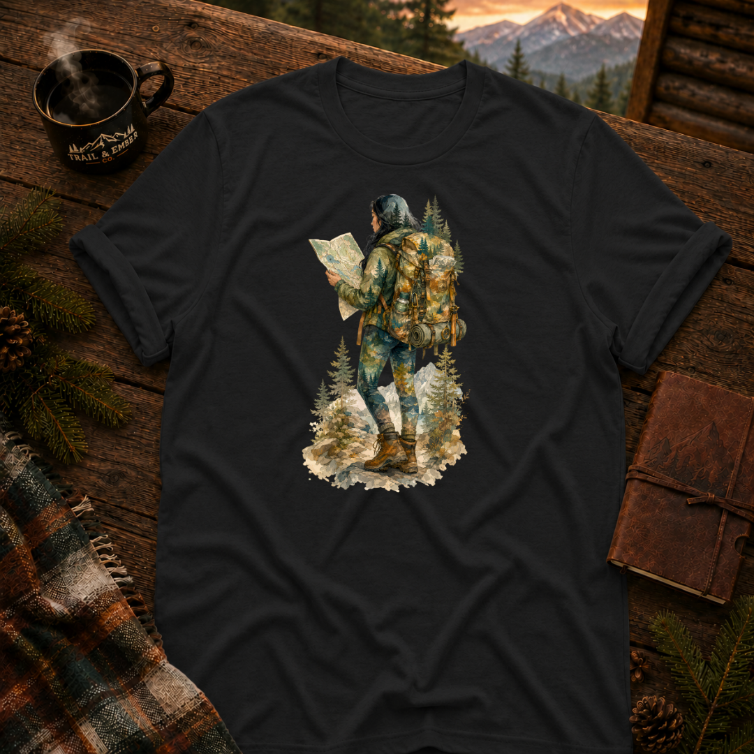 Black Gildan 64000 t-shirt with Woman Hiker graphic — Trail & Ember Co. outdoor apparel