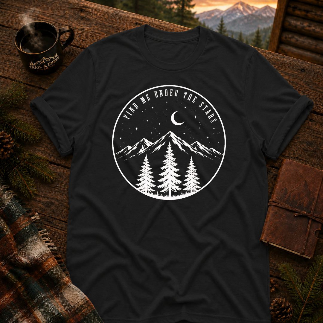 Black Gildan 64000 t-shirt with Find Me Under the Stars graphic — Trail & Ember Co. outdoor apparel