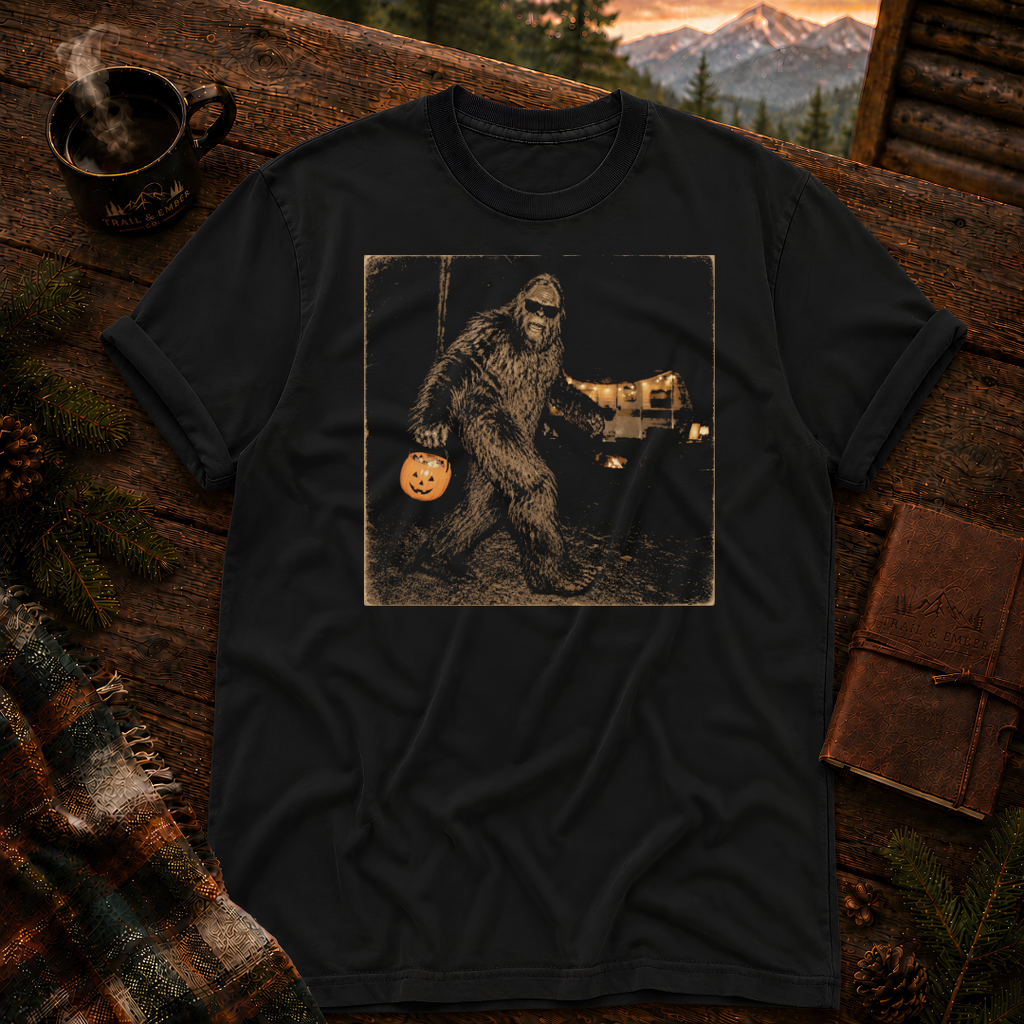 Black Comfort Colors 1717 t-shirt with vintage Bigfoot Halloween trail cam design — Trail & Ember Co.