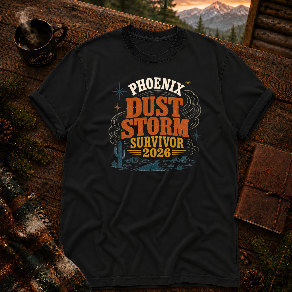Phoenix Dust Storm tee in Black — Arizona haboob design on garment-dyed Comfort Colors cotton