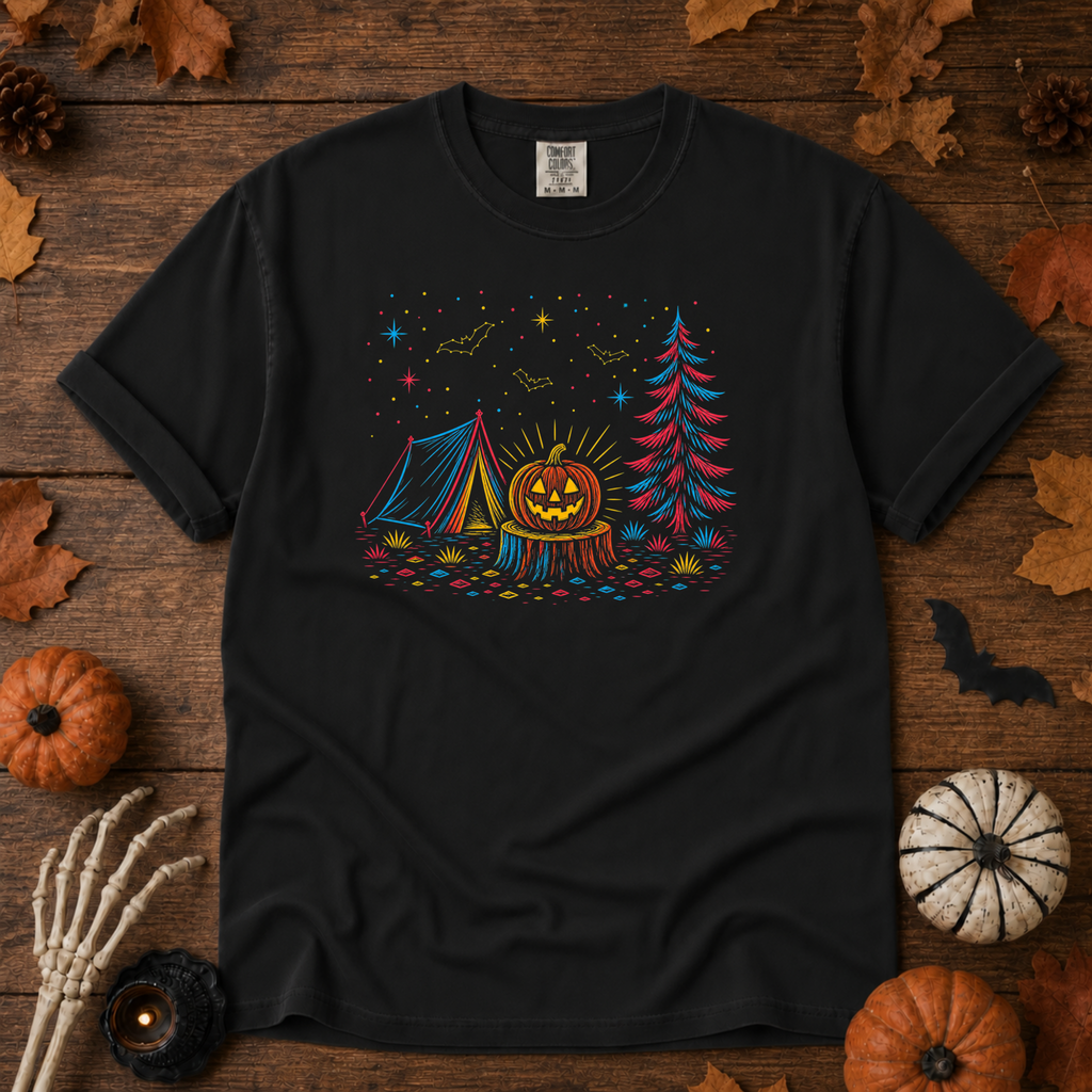 Black Comfort Colors t-shirt featuring a neon-lit Halloween campsite scene — glowing tent, jack-o'-lantern on a stump, pine tree, bats and stars in red, blue, and gold, Trail & Ember Co.