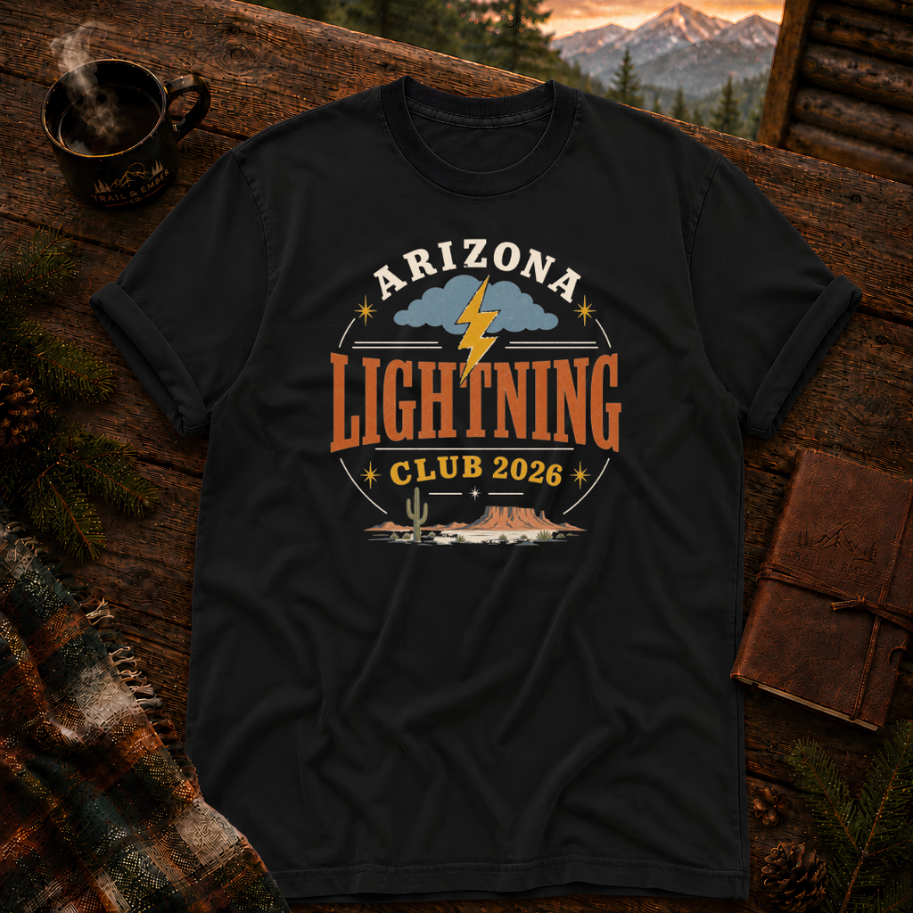 Black Comfort Colors t-shirt with Arizona Lightning Club storm-watching design — Trail & Ember Co.