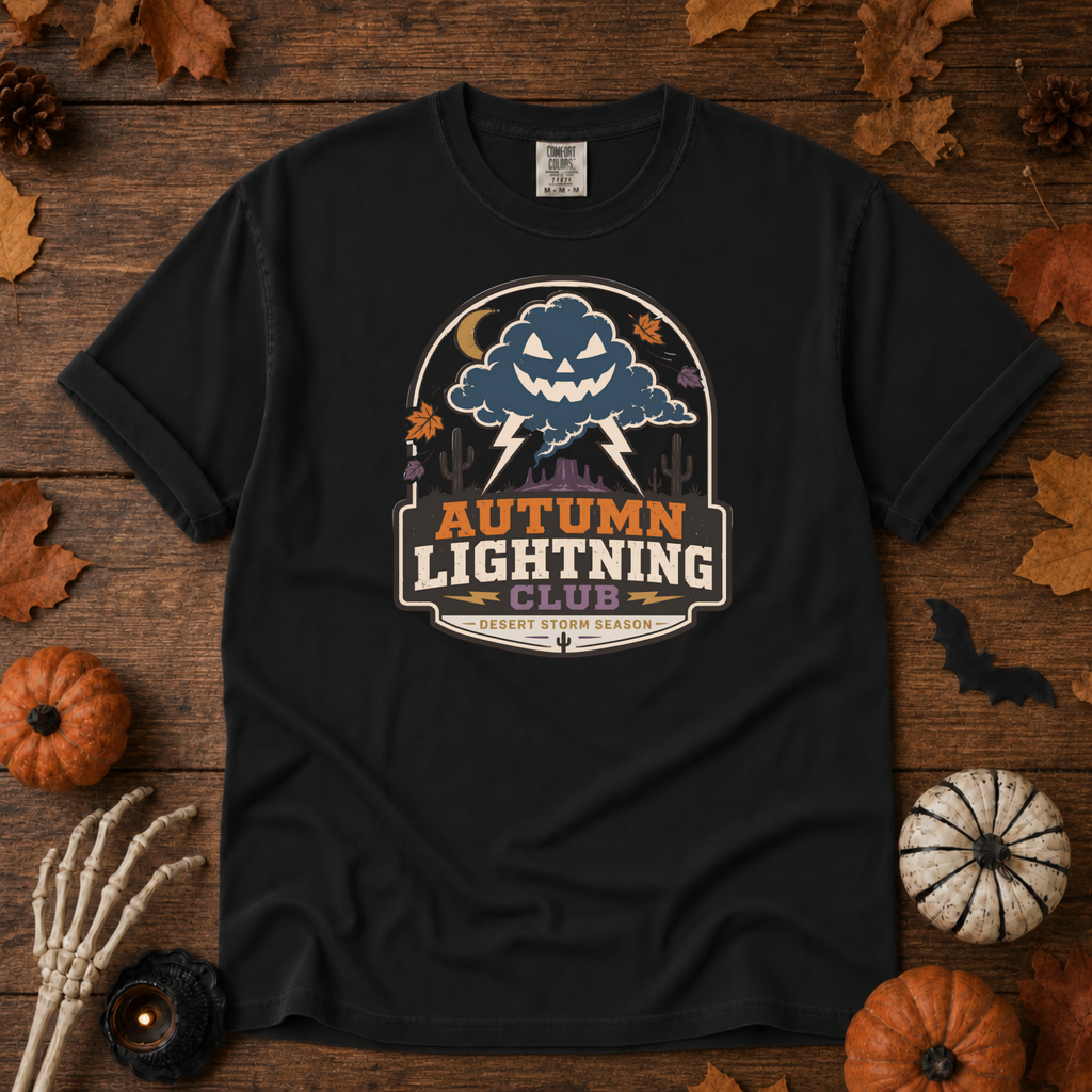 Black Comfort Colors t-shirt featuring lightning splitting the sky over a lone saguaro with storm clouds rolling across the desert, Trail & Ember Co.