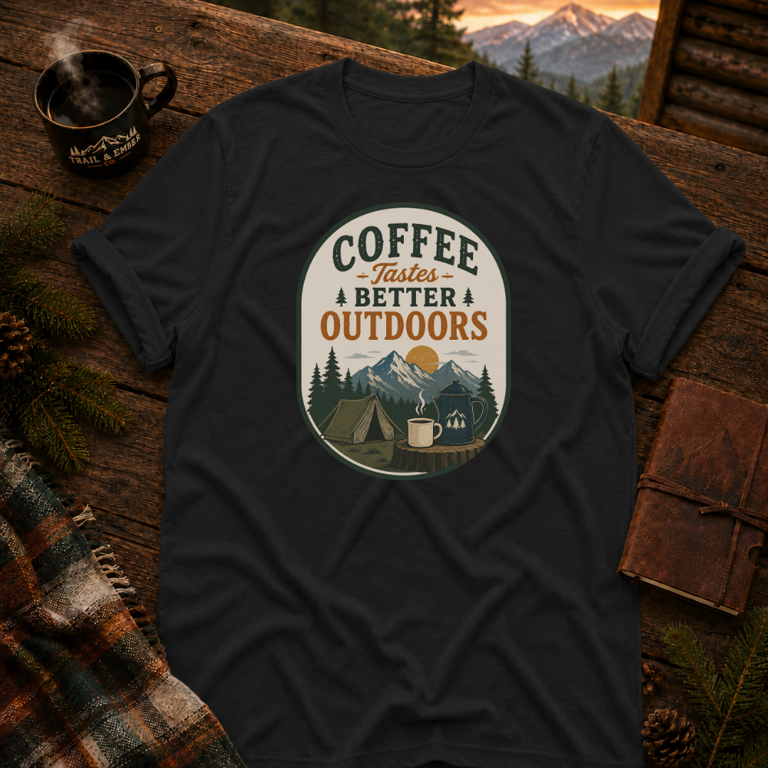 Black Gildan 64000 t-shirt with Coffee Tastes Better Outdoors Badge graphic — Trail & Ember Co. outdoor apparel