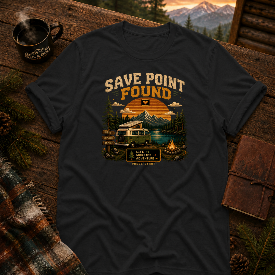 Black Gildan 64000 t-shirt with Save Point Found graphic — Trail & Ember Co. outdoor apparel