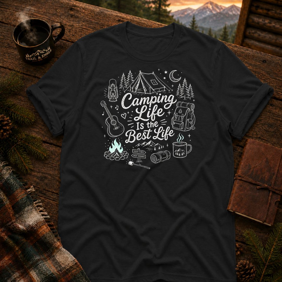 Black Gildan 64000 t-shirt with Camping Life graphic — Trail & Ember Co. outdoor apparel