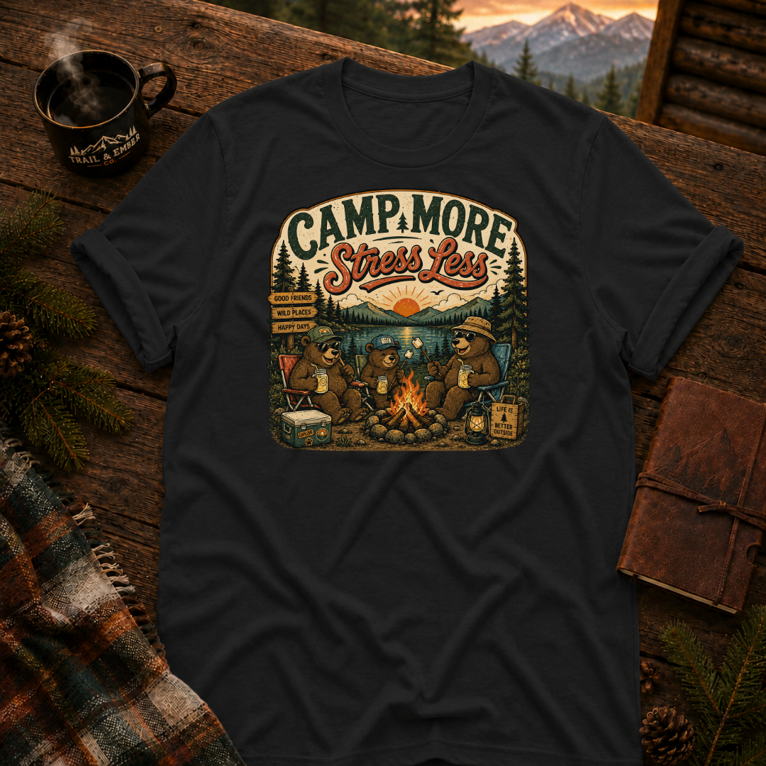 Black Gildan 64000 t-shirt with Camp More Stress Less graphic — Trail & Ember Co. outdoor apparel