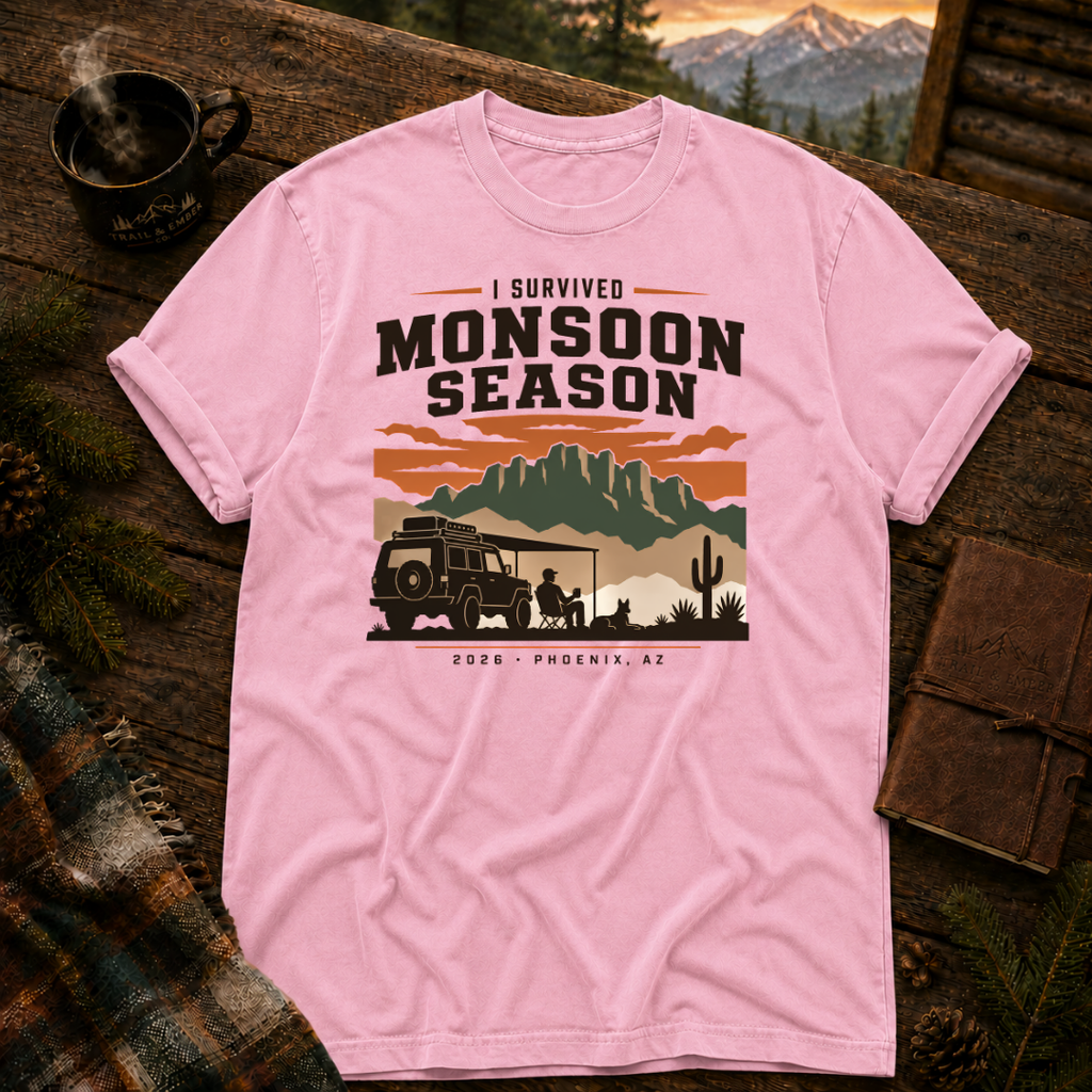 Blossom Comfort Colors 1717 t-shirt with I Survived Monsoon 2026 design — Trail & Ember Co.