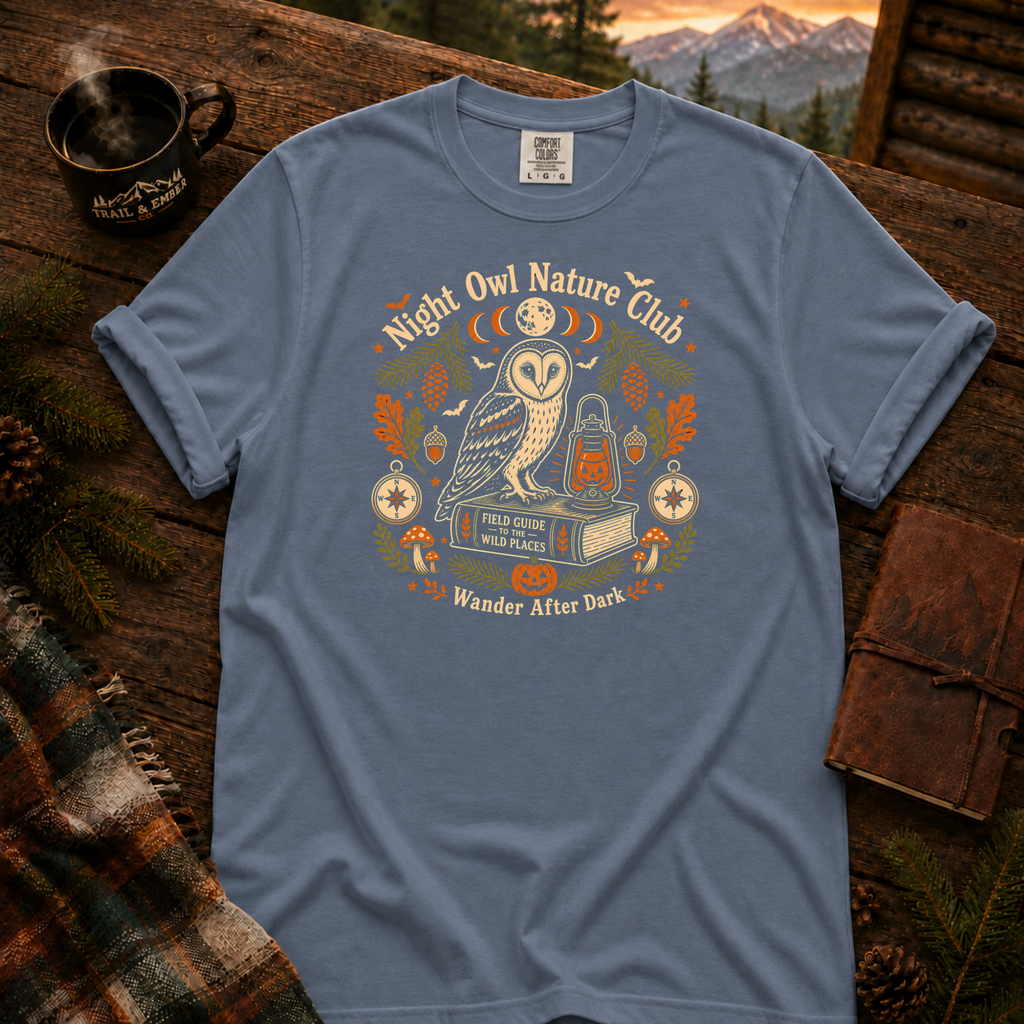 Blue Jean Comfort Colors t-shirt featuring a vintage Night Owl Nature Club badge design — barn owl perched on a field guide book beside a jack-o'-lantern lantern, moon phases, compass, pinecones, bats, and autumn leaves, Trail & Ember Co.