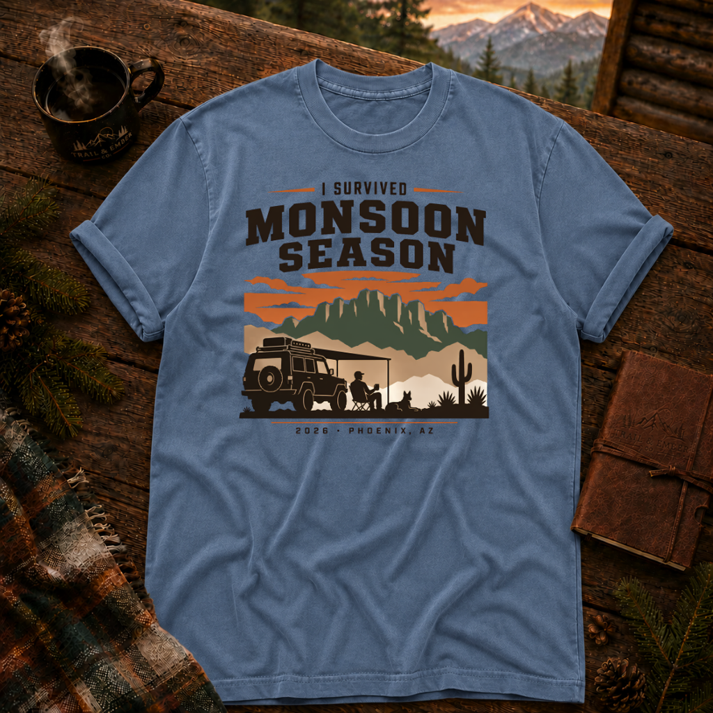 Blue Jean Comfort Colors 1717 t-shirt with I Survived Monsoon 2026 design — Trail & Ember Co.
