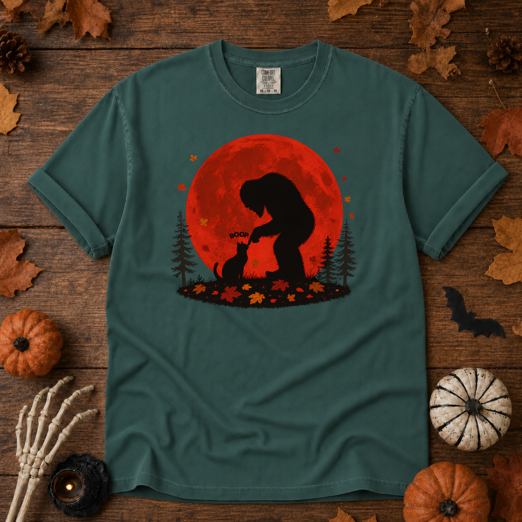 Blue Spruce Comfort Colors t-shirt featuring Bigfoot booping a black cat's nose in front of a red autumn moon, with maple leaves and pine trees, Trail & Ember Co.