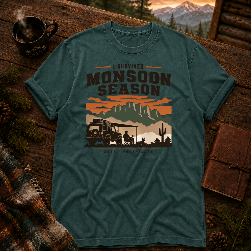 Blue Spruce Comfort Colors 1717 t-shirt with I Survived Monsoon 2026 design — Trail & Ember Co.