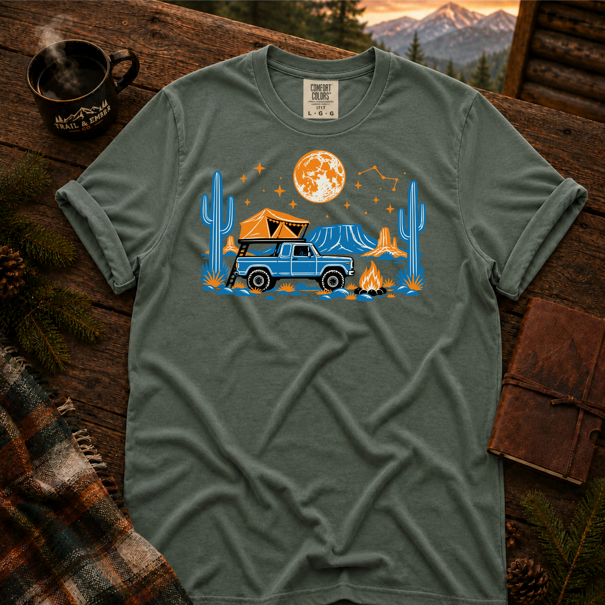 Neon Camp Truck overlanding t-shirt — garment-dyed Comfort Colors 1717, Trail & Ember Co.