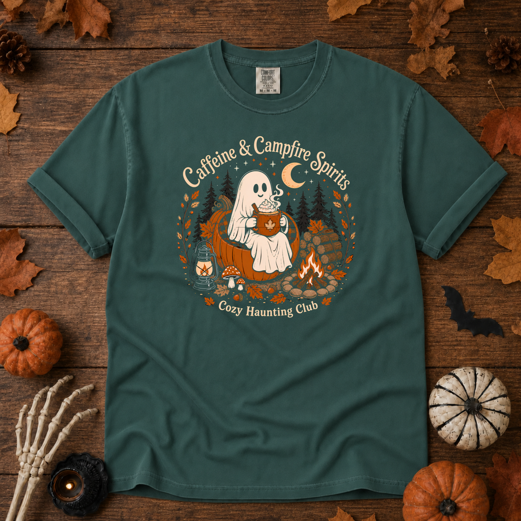 Blue Spruce Comfort Colors t-shirt featuring a ghost sitting in a pumpkin chair with a steaming mug of cocoa, campfire, lantern, mushrooms and maple leaves, Trail & Ember Co.