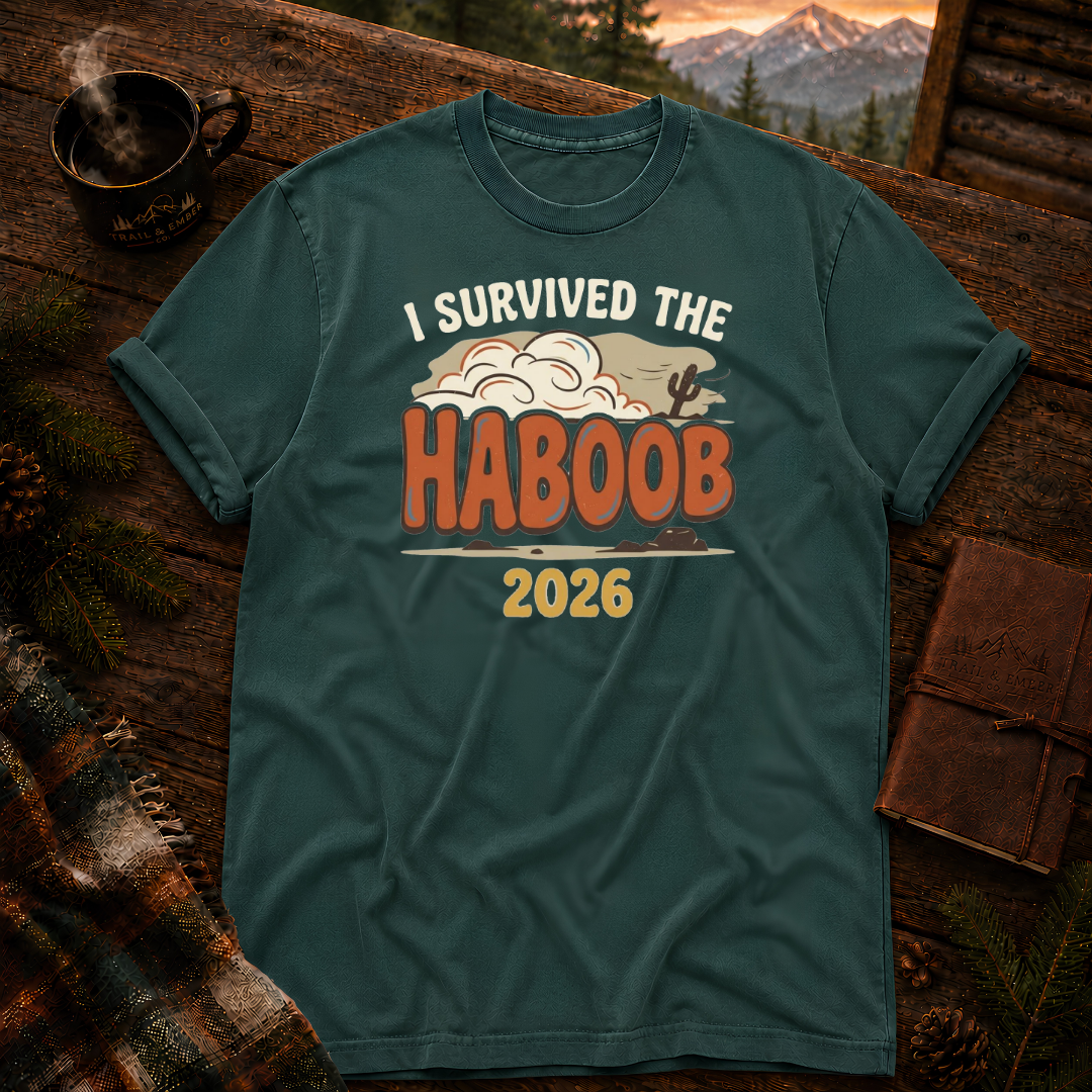 I Survived the Haboob tee in Blue Spruce — Arizona dust storm design on garment-dyed Comfort Colors cotton