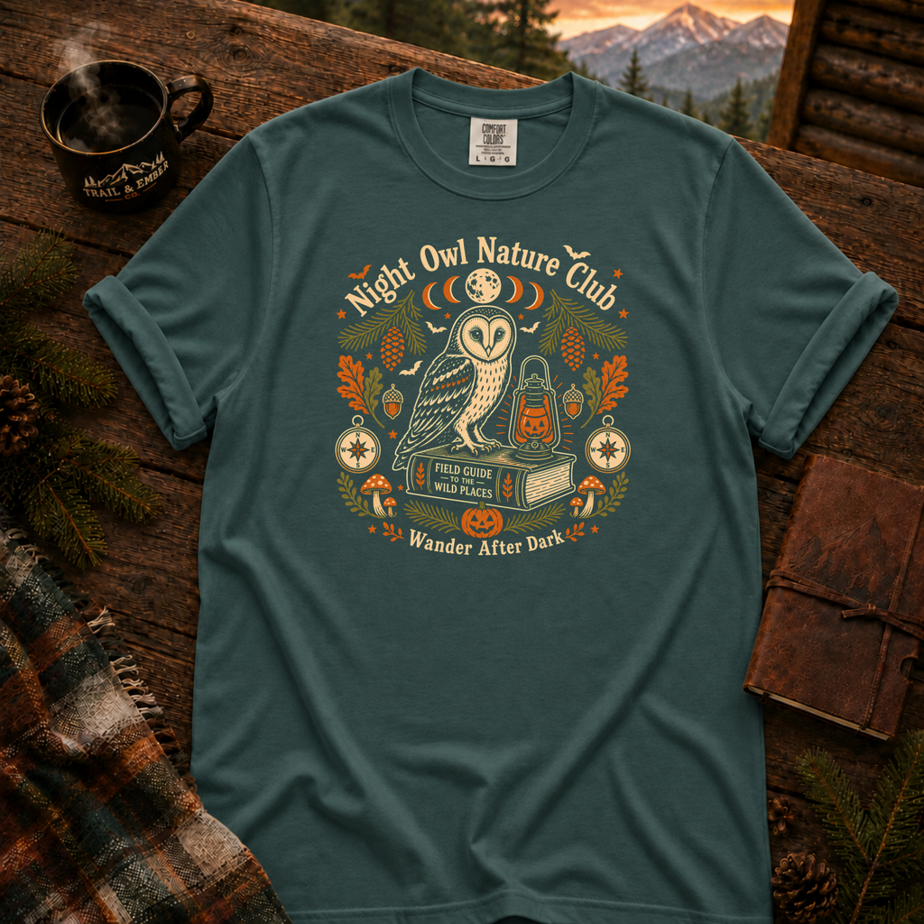 Blue Spruce Comfort Colors t-shirt featuring a vintage Night Owl Nature Club badge design — barn owl perched on a field guide book beside a jack-o'-lantern lantern, moon phases, compass, pinecones, bats, and autumn leaves, Trail & Ember Co.