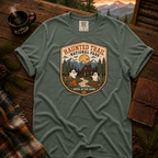 Haunted Trail National Park t-shirt in Blue Spruce — vintage Halloween badge design