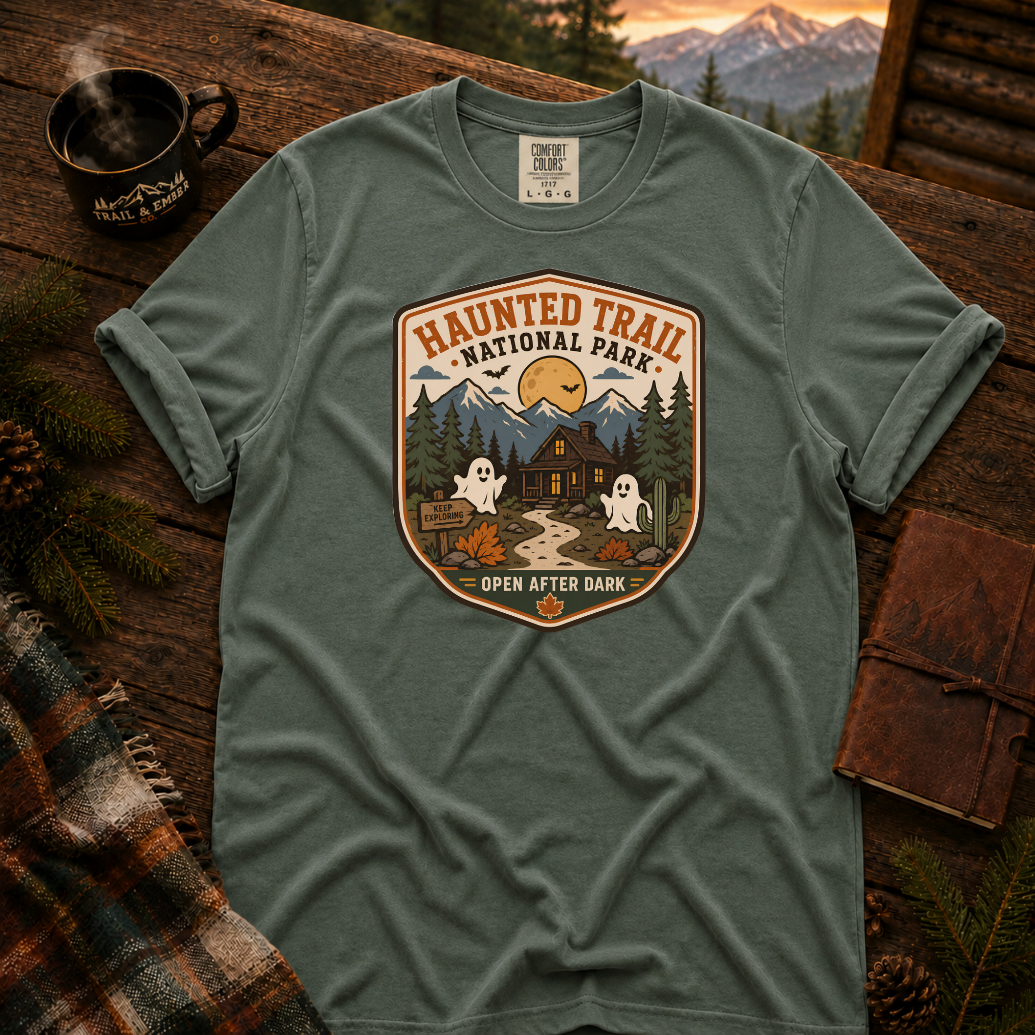 Haunted Trail National Park t-shirt in Blue Spruce — vintage Halloween badge design